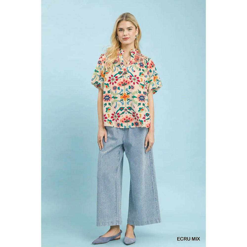 Umgee Folk Art Print Top with Smocked Detail - Picture 5 of 5